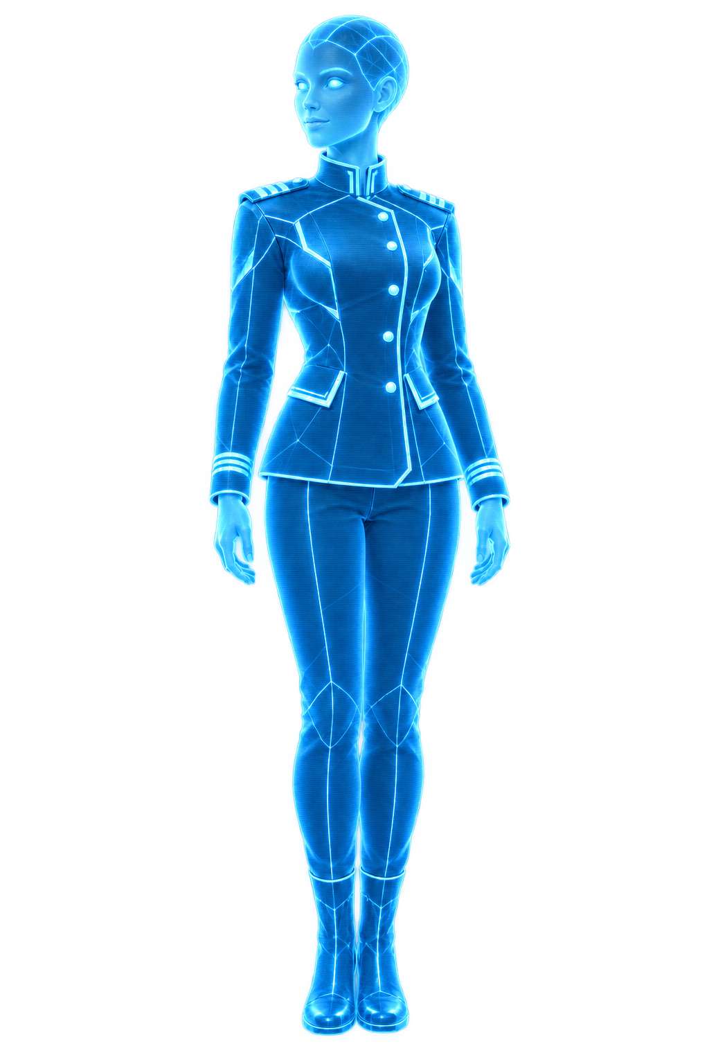 GHIDEON, figura olografica azzurra a corpo intero